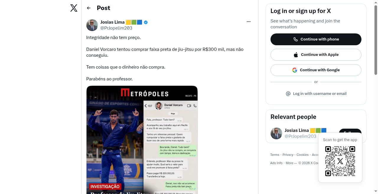 Print X — Vorcaro e faixa preta R$300 mil